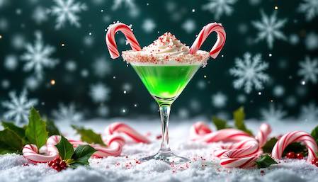 A festive peppermint martini garnished with a candy cane, representing a christmas cocktail drink.