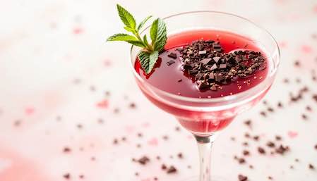 A Chocolate Covered Cherry Martini served with chocolate shavings on top, perfect for Valentine's Day.