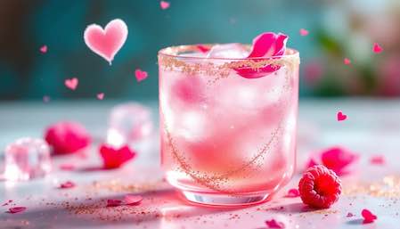 A Raspberry Rose Vodka Fizz cocktail with a rose petal garnish, ideal for Valentine's Day