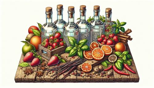 Various bottles of vodka and fresh ingredients on a table