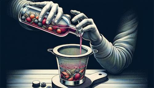 Straining infused vodka through a fine mesh sieve into a fresh bottle