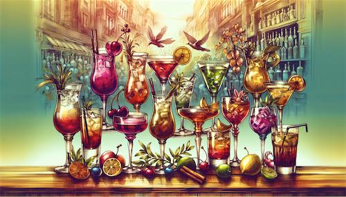 Colorful cocktail glasses with unique infused vodka-based drinks